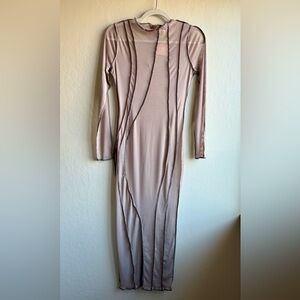 Miss Lola Mesh Long Sleeve Dress in Taupe